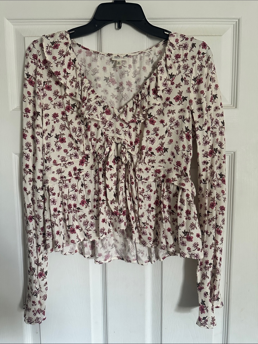 Boho Cream Blouse with Pink Floral Ruffle Tie
